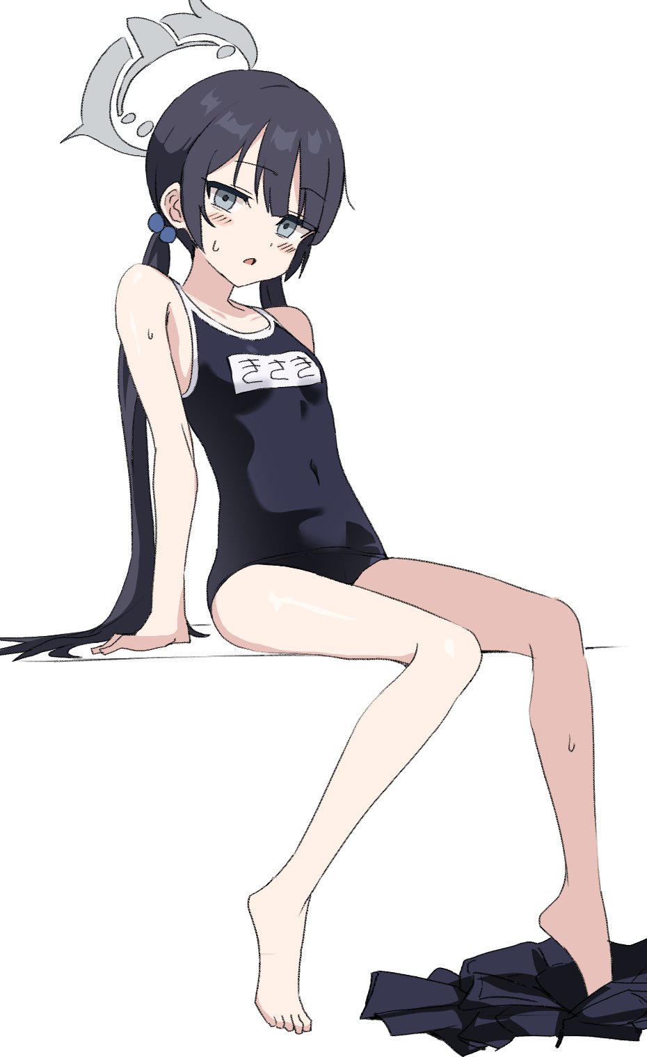 momomatang, kisaki (blue archive), blue archive, highres, 1girl, arm support, bare legs, barefoot, black hair, black one-piece swimsuit, blush, breasts, covered navel, feet, full body, grey eyes, hair bobbles, hair ornament, halo, long hair, looking at viewer, low twintails, name tag, one-piece swimsuit, open mouth, school swimsuit, simple background, sitting, skirt, small breasts, solo, sweat, swimsuit, toes, twintails, unworn skirt, white background