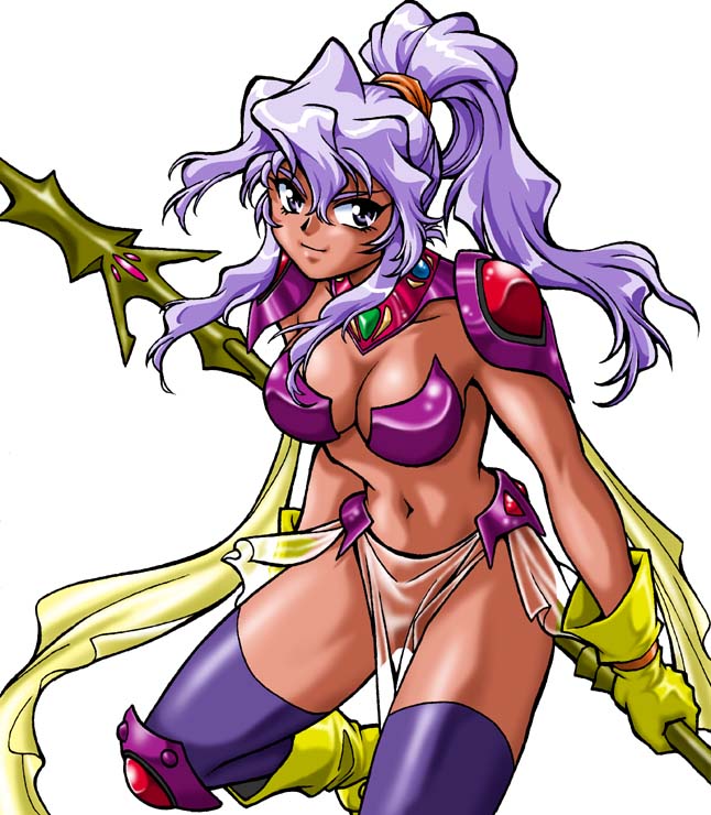 manabe jouji, tagme, armor, ponytail, purple hair, solo, thighhighs