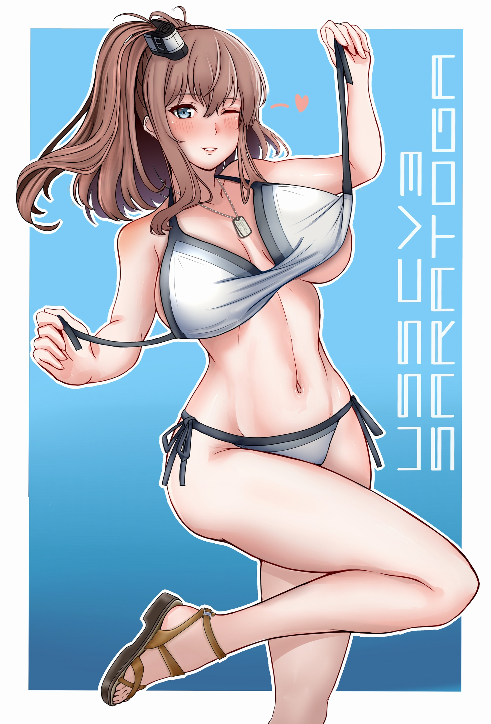 r31harutan, saratoga (kancolle), kantai collection, highres, 1girl, bikini, blue background, blue eyes, breasts, breasts apart, brown hair, hair ornament, large breasts, navel, one eye closed, open mouth, ponytail, side ponytail, smile, solo, string bikini, swimsuit, teeth, underboob, white bikini