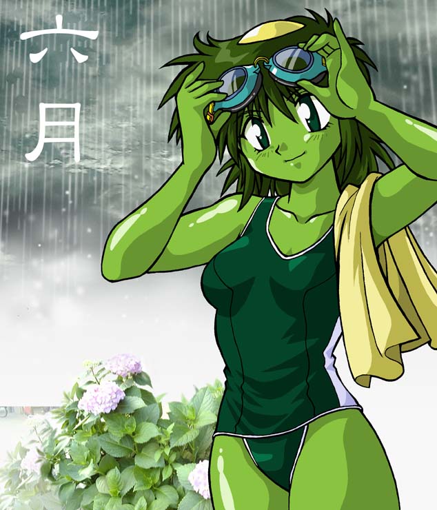 manabe jouji, original, 1girl, colored skin, female focus, green eyes, green hair, green one-piece swimsuit, green skin, kappa, matching hair/eyes, monster girl, one-piece swimsuit, school swimsuit, solo, swimsuit