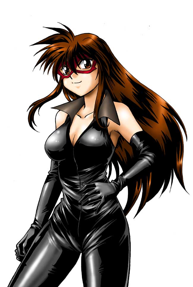 manabe jouji, mikura rei, makunouchi deluxe, 1girl, armpits, black bodysuit, bodysuit, breasts, brown eyes, brown hair, catsuit, cleavage, domino mask, elbow gloves, female focus, gloves, large breasts, latex, latex gloves, long hair, mask, shiny clothes, simple background, solo