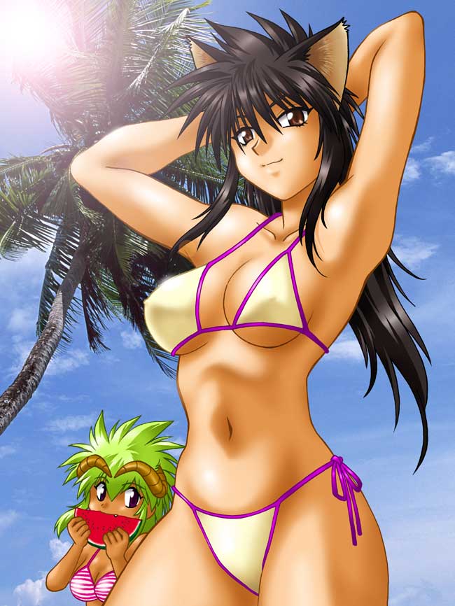manabe jouji, battia bureitin rou, kahm, outlanders, 2girls, animal ears, armpits, arms behind head, bikini, black hair, breasts, cat ears, cleavage, large breasts, long hair, looking at viewer, multiple girls, navel, smile, swimsuit