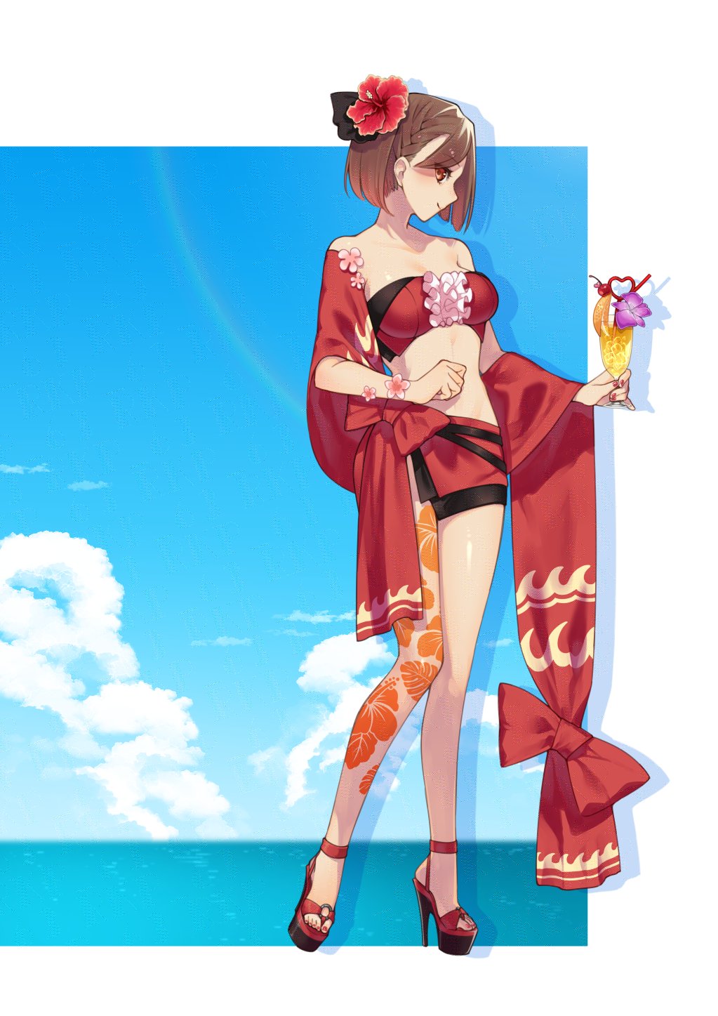rkp, meiko (vocaloid), vocaloid, commentary request, highres, 1girl, bikini, blue sky, breasts, brown eyes, brown hair, closed mouth, cloud, drink, drinking straw, flower, flower tattoo, frills, full body, hair flower, hair ornament, high heels, holding, holding drink, leg tattoo, medium hair, ocean, profile, purple flower, red bikini, red shoes, shoes, sky, smile, solo, swimsuit, tattoo