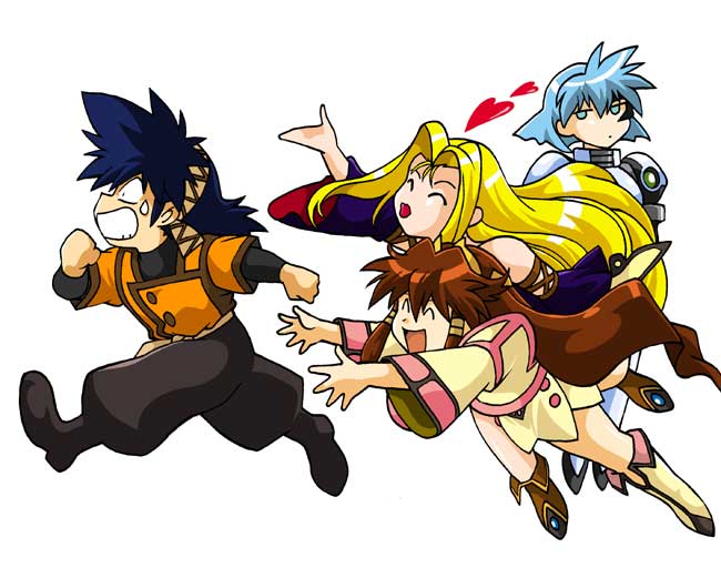 manabe jouji, dita liebely, hibiki tokai, jura basil elden, meia gisborn, vandread, 00s, 3girls, :d, ^ ^, blonde hair, blue eyes, blue hair, bodysuit, boots, chibi, clenched teeth, closed eyes, detached sleeves, diving, expressionless, hair ornament, hairband, happy, harem, heart, hetero, jewelry, lips, lipstick, long hair, makeup, multiple girls, open mouth, pants, reaching, red hair, running, sash, short hair, simple background, smile, standing, sweatdrop, teeth, very long hair