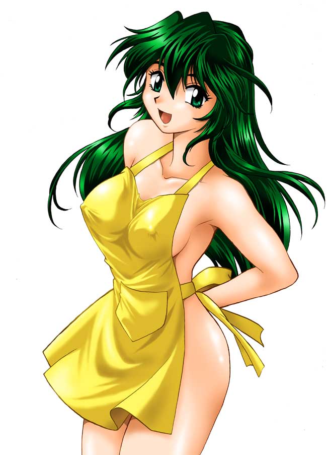 manabe jouji, 1girl, apron, breasts, covered erect nipples, female focus, green eyes, green hair, large breasts, matching hair/eyes, naked apron, smile, solo
