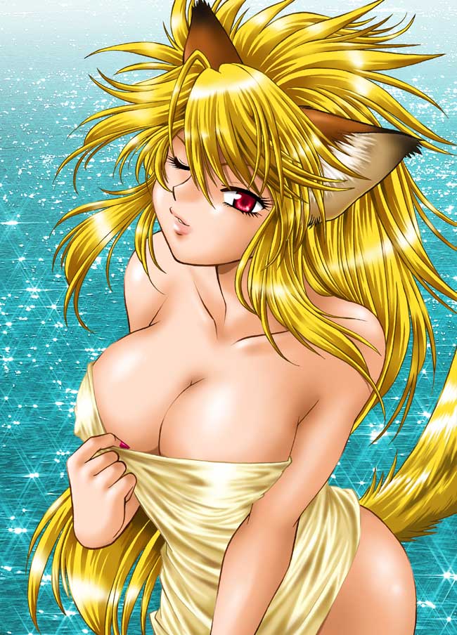 manabe jouji, ogin (manabe jouji), 1girl, animal ears, blonde hair, breasts, cat ears, cleavage, female focus, fox ears, large breasts, long hair, nail polish, naked towel, one eye closed, pink nails, red eyes, solo, tail, towel, very long hair, water, wink
