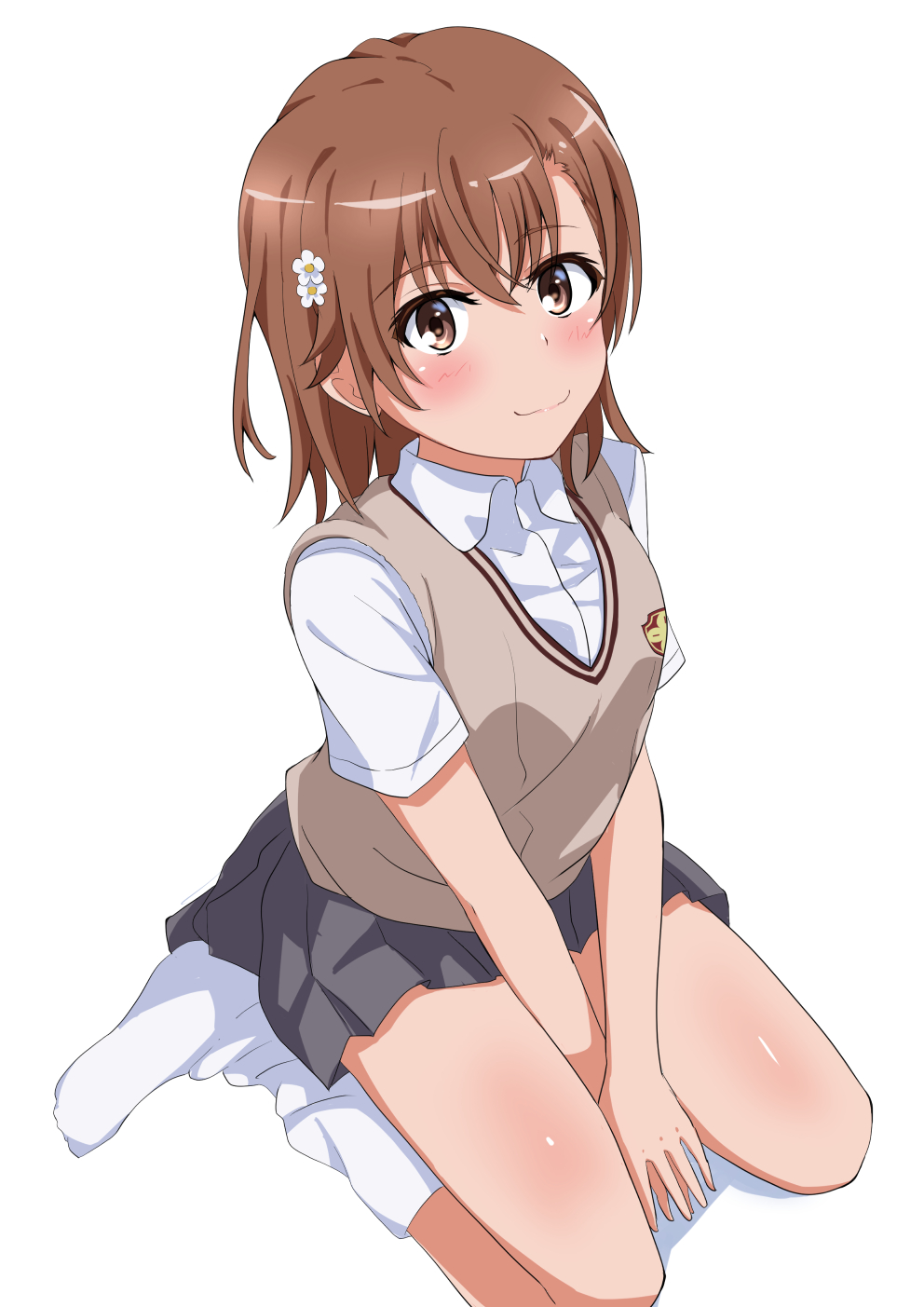 tabu (tabu 01), misaka mikoto, toaru kagaku no railgun, toaru majutsu no index, highres, 1girl, between legs, brown eyes, brown hair, brown sweater vest, closed mouth, collared shirt, grey skirt, hair between eyes, hair ornament, hairpin, hand between legs, looking at viewer, loose socks, medium hair, miniskirt, pleated skirt, school emblem, school uniform, shiny skin, shirt, short sleeves, sitting, skirt, smile, socks, solo, summer uniform, sweater vest, tokiwadai school uniform, v-neck, wariza, white background, white shirt, white socks