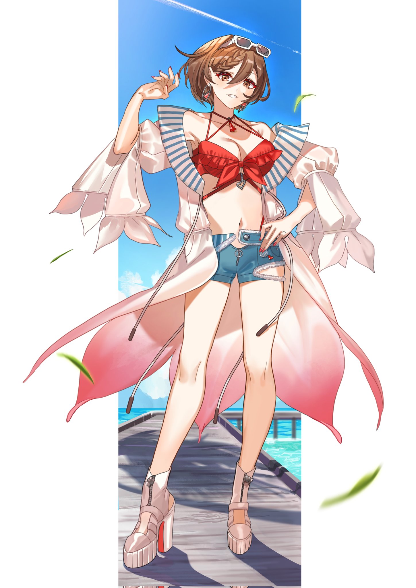 n-bata, meiko (vocaloid), vocaloid, highres, 1girl, bikini, blue shorts, blue sky, braid, breasts, brown eyes, brown hair, cloud, collarbone, earrings, eyewear on head, hair between eyes, highleg, jacket, jewelry, looking at viewer, navel, open clothes, open jacket, red bikini, shoes, short shorts, shorts, sky, solo, sunglasses, swimsuit, water, white-framed eyewear, white jacket, white shoes