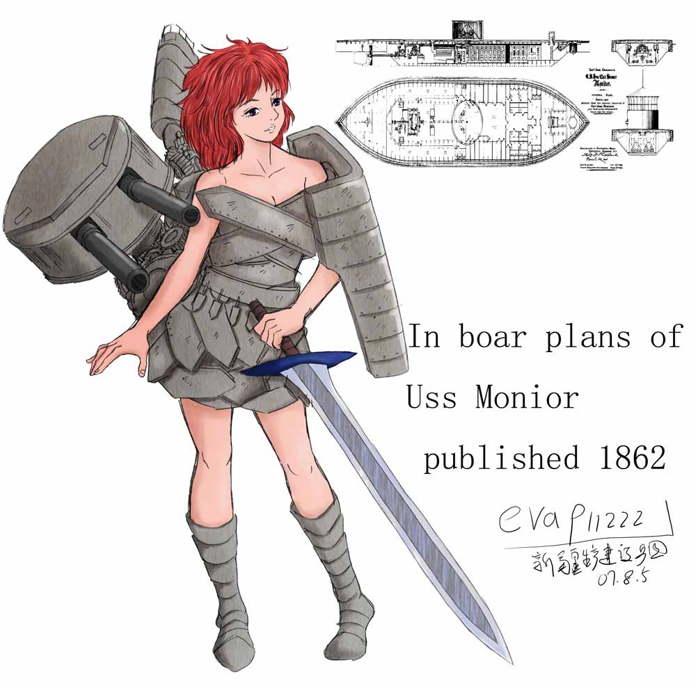 eva911222, uss monitor, original, 1girl, armor, english text, engrish text, female focus, mecha musume, military, personification, ranguage, red hair, ship, short hair, solo, sword, watercraft, weapon