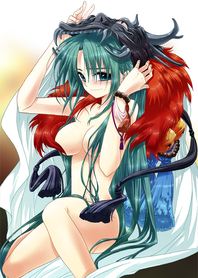fujitaka akasora, sonozaki mion, higurashi no naku koro ni, tagme, 00s, blush, dragon, green eyes, green hair, long hair, nude