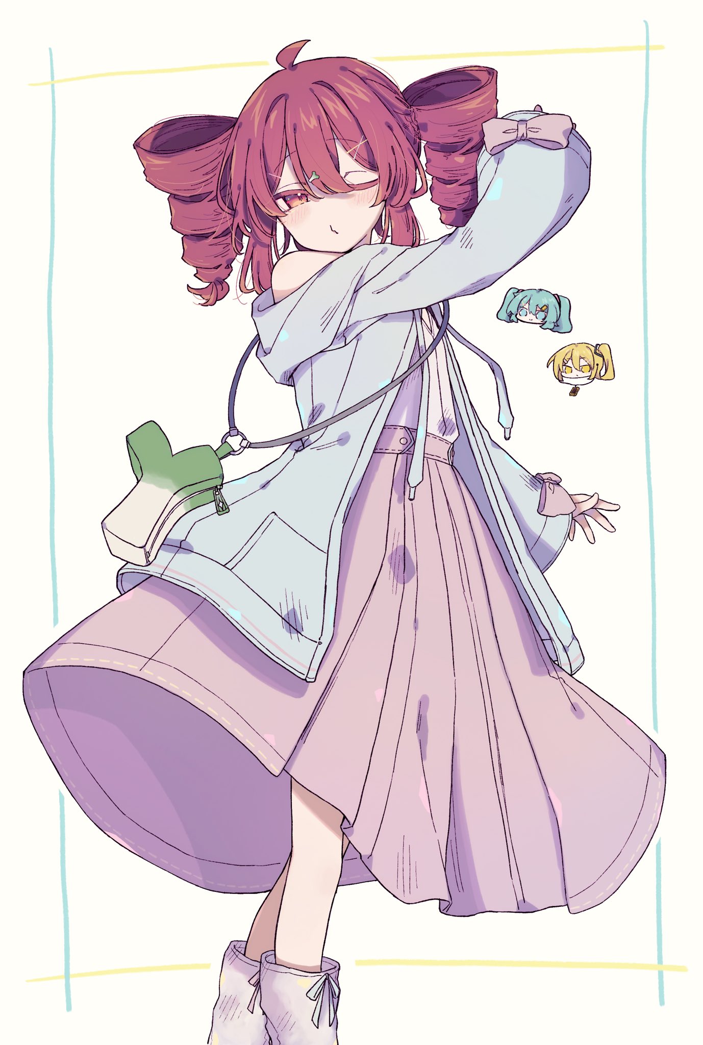 akita neru, hatsune miku, kasane teto, triple baka (vocaloid), utau, vocaloid, commentary, highres, 2girls, ahoge, alternate costume, blonde hair, blue eyes, blue hair, blue jacket, dress, drill hair, feet out of frame, food-themed hair ornament, hair ornament, jacket, multiple girls, okura 0915, one eye closed, pink dress, red eyes, red hair, shoes, side ponytail, simple background, solo focus, spring onion hair ornament, twin drills, twintails, v, white shoes, x hair ornament, yellow eyes