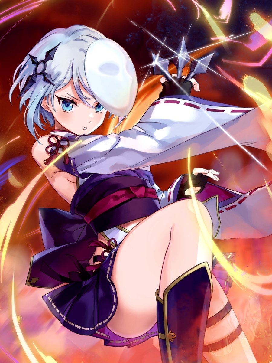 noppera-bou (ragnador), ragnador, commentary request, highres, official art, second-party source, 1girl, black gloves, blue eyes, detached sleeves, fingerless gloves, gloves, grey hair, hair between eyes, holding, holding kunai, holding weapon, japanese clothes, kimono, kunai, mask, mask on head, microskirt, obi, pleated skirt, purple skirt, sash, short hair, shuriken hair ornament, skirt, sleeveless, sleeveless kimono, solo, v-shaped eyebrows, weapon, white kimono, white mask, wide sleeves