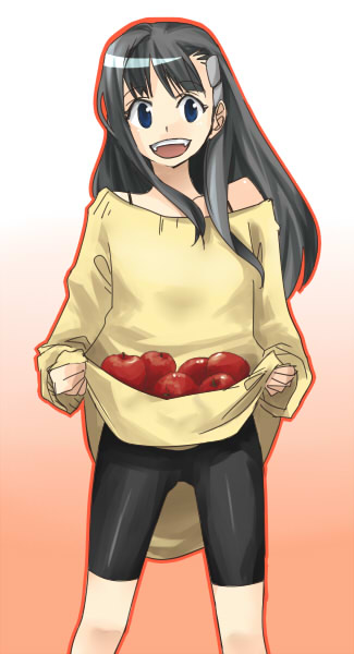 bk, mudo (saji), kiyal bachika, tengen toppa gurren lagann, 00s, 1girl, apple, bike shorts, black hair, female focus, food, fruit, gradient background, latex, legs apart, long hair, off shoulder, orange background, outline, skirt basket, solo, standing