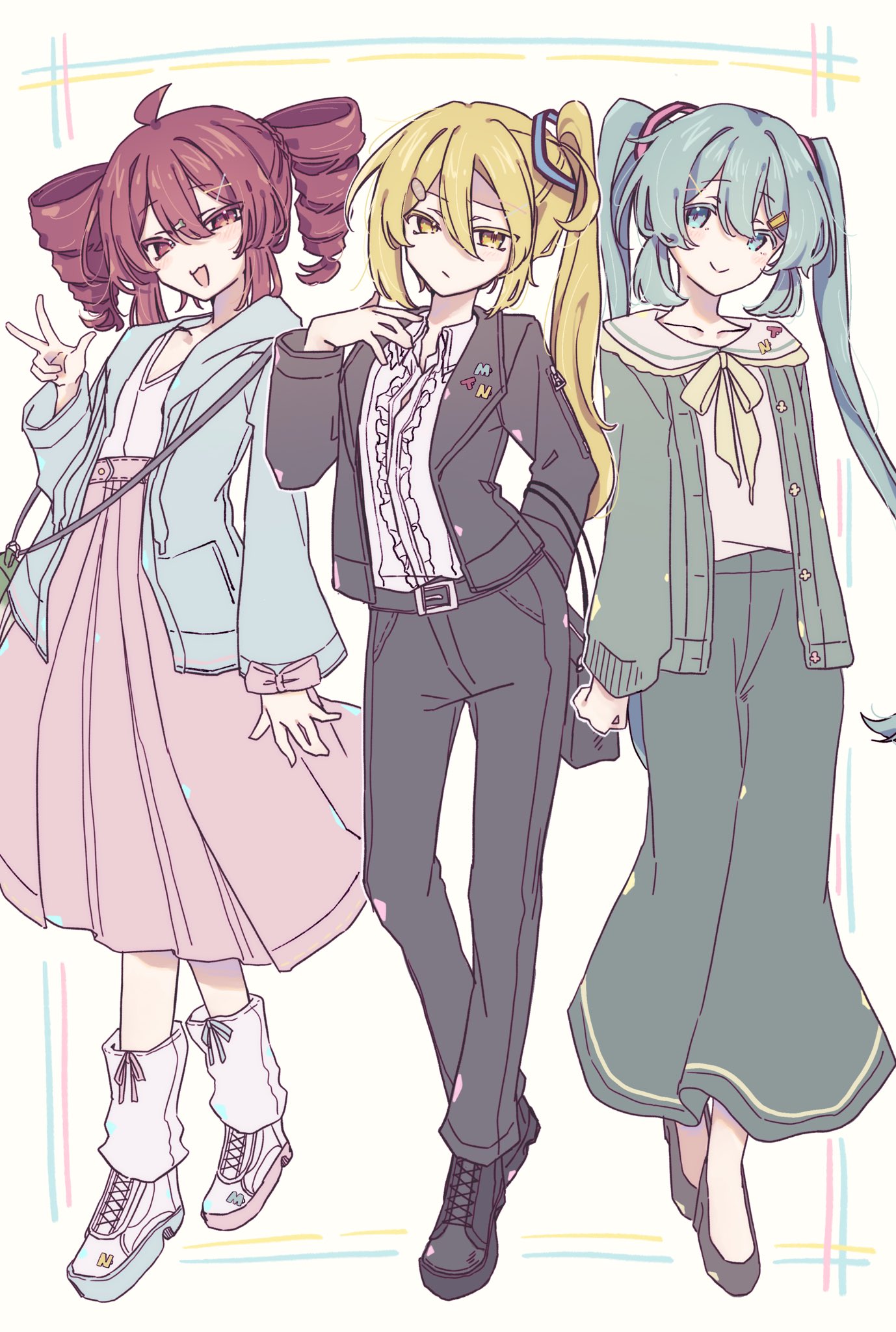akita neru, hatsune miku, kasane teto, triple baka (vocaloid), utau, vocaloid, commentary, highres, 3girls, ahoge, alternate costume, aqua eyes, aqua hair, aqua jacket, ascot, belt, black bag, black belt, black jacket, black pants, black shoes, black suit, blonde hair, dress, drill hair, food-themed hair ornament, formal clothes, full body, green bag, green dress, green jacket, hair ornament, jacket, long sleeves, looking at viewer, multiple girls, okura 0915, open mouth, pants, pink dress, red eyes, red hair, shirt, shoes, side ponytail, smile, socks, spring onion hair ornament, suit, twintails, v, white shirt, white shoes, white socks, yellow ascot
