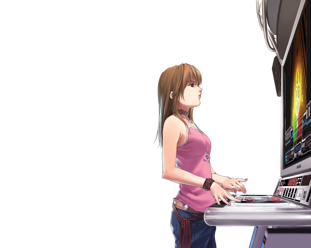 hidari (left side), beatmania iidx, beatmania iidx 6th style, bemani, 1girl, arcade, arcade cabinet, belt, blonde hair, bracelet, brown eyes, brown hair, casual, choker, collar, computer, cowboy shot, denim, female focus, jeans, jewelry, pants, phonograph, playing games, solo, speaker, tank top, turntable, video game, white background