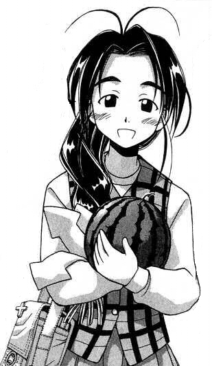 akamatsu ken, otohime mutsumi, love hina, 1girl, antenna hair, bag, female focus, food, fruit, greyscale, holding, holding food, holding fruit, holding watermelon, melon, monochrome, solo, squid, watermelon