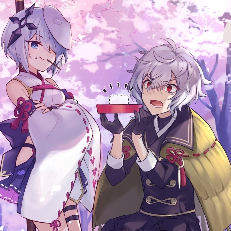 konaki jijii (ragnador), ragnador, commentary request, official art, second-party source, 1boy, 1girl, black gloves, blue eyes, cherry blossoms, closed mouth, cowboy shot, crossed arms, gloves, grey hair, hair over one eye, ittan momen (ragnador), japanese clothes, kimono, lower teeth only, mask, mask on head, mouth hold, obi, open mouth, outdoors, red eyes, sash, short hair, sleeveless, sleeveless kimono, smile, standing, tearing up, teeth, thigh strap, white kimono, white mask