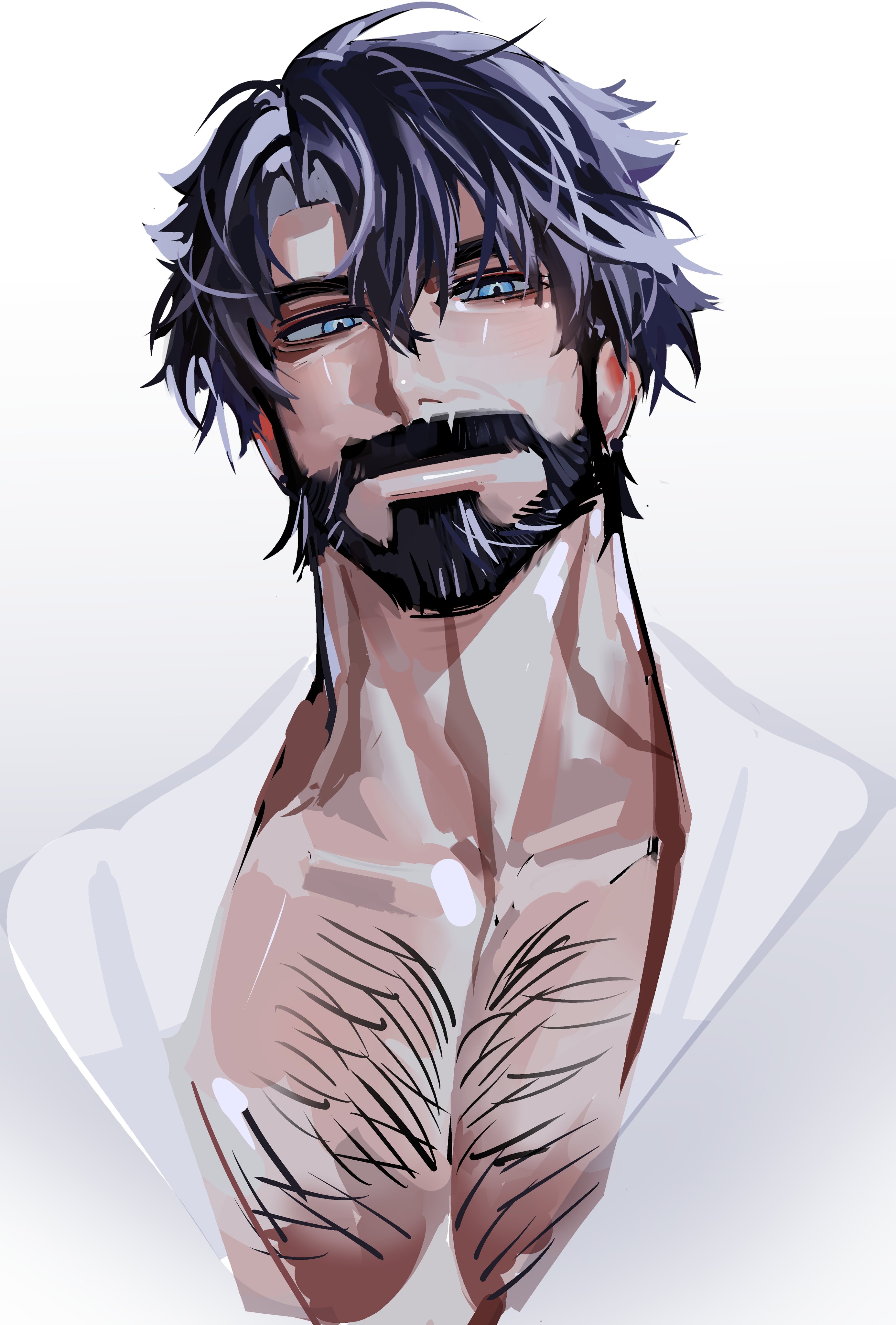 wriothesley (genshin impact), genshin impact, absurdres, commentary, english commentary, highres, 1boy, alternate facial hair, awuoo395306, bare pectorals, beard, black hair, blue eyes, chest hair, collarbone, facial hair, grey hair, looking at viewer, male focus, messy hair, multicolored hair, pectorals, shirt, simple background, solo, streaked hair, upper body, white background, white shirt