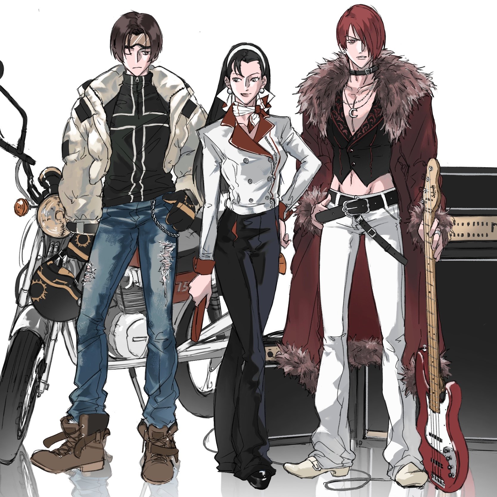 kagura chizuru, kusanagi kyou, yagami iori, the king of fighters, 1girl, black eyes, black hair, breasts, buttons, earrings, hairband, jacket, jewelry, large breasts, long hair, long sleeves, reelpaper , scarf, shoes, smile, standing, thick thighs, thighs