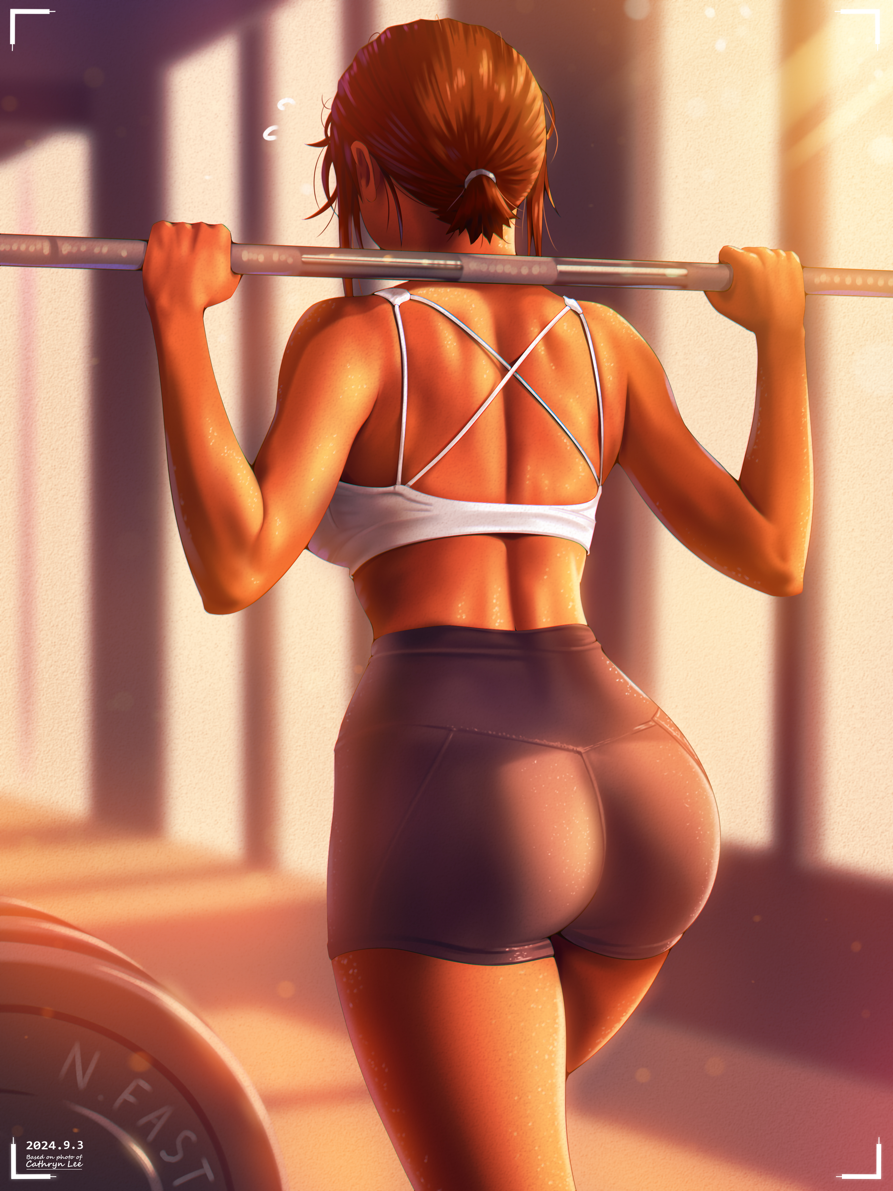 a.x., original, absurdres, commentary request, highres, 1girl, ass, back, bare arms, black shorts, breasts, brown hair, dated, exercising, from behind, indoors, large breasts, short hair, shorts, shoulder blades, sidelocks, sports bra, standing, sunlight, white sports bra