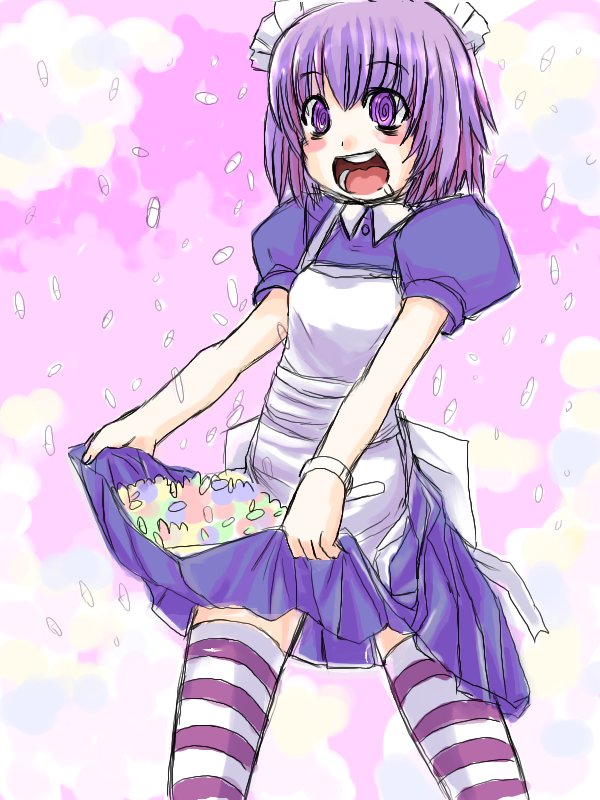 kekekeke, yakui, futaba channel, nijiura maids, bad deviantart id, bad id, 1girl, :d, @ @, drooling, drugged, drugs, female focus, maid, maid headdress, open mouth, pill, purple eyes, purple hair, saliva, short hair, skirt basket, smile, solo, striped clothes, striped thighhighs, thighhighs