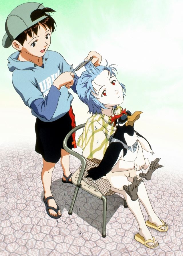 ayanami rei, ikari shinji, penpen, neon genesis evangelion, 1boy, 1girl, bird, blue hair, comb, cutting hair, flip-flops, open mouth, outdoors, penguin, red eyes, sandals, scissors, short hair, simple background, smile, sunglasses