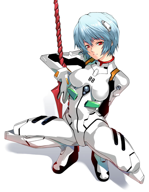 ayanami rei, neon genesis evangelion, 1girl, blue hair, female focus, mecha pilot suit, plugsuit (evangelion), red eyes, short hair, solo