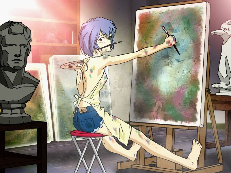 ayanami rei, ayanami raising project, neon genesis evangelion, game cg, jpeg artifacts, official art, 1girl, abstract, apron, barefoot, blue hair, cutoffs, denim, denim shorts, dirty, female focus, paint, red eyes, shorts, solo
