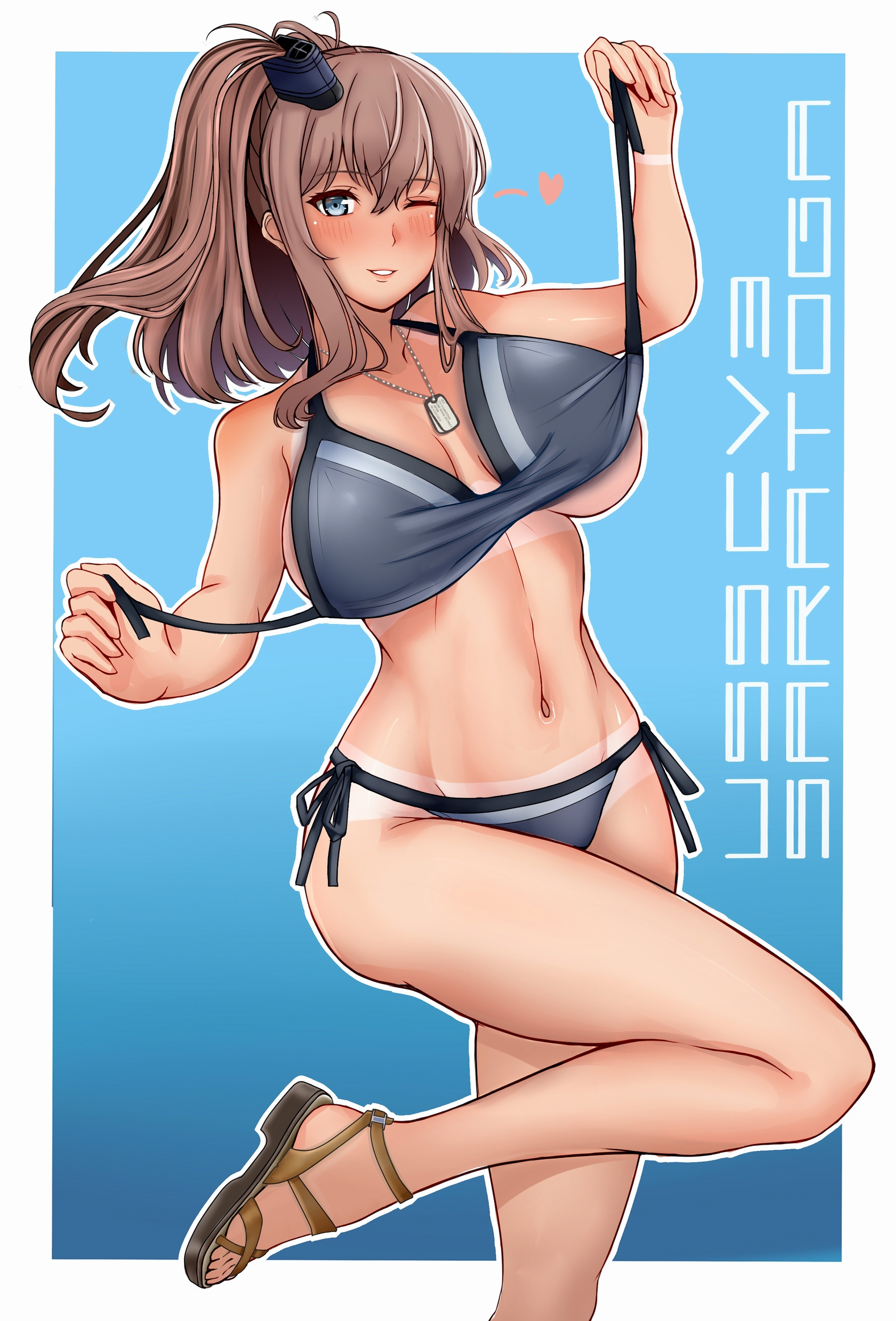 r31harutan, saratoga (kancolle), kantai collection, highres, variant set, 1girl, bikini, blue bikini, blue eyes, breasts, breasts apart, brown hair, hair ornament, large breasts, navel, one eye closed, open mouth, ponytail, side ponytail, smile, solo, string bikini, swimsuit, tan, tanline, teeth, underboob, white bikini