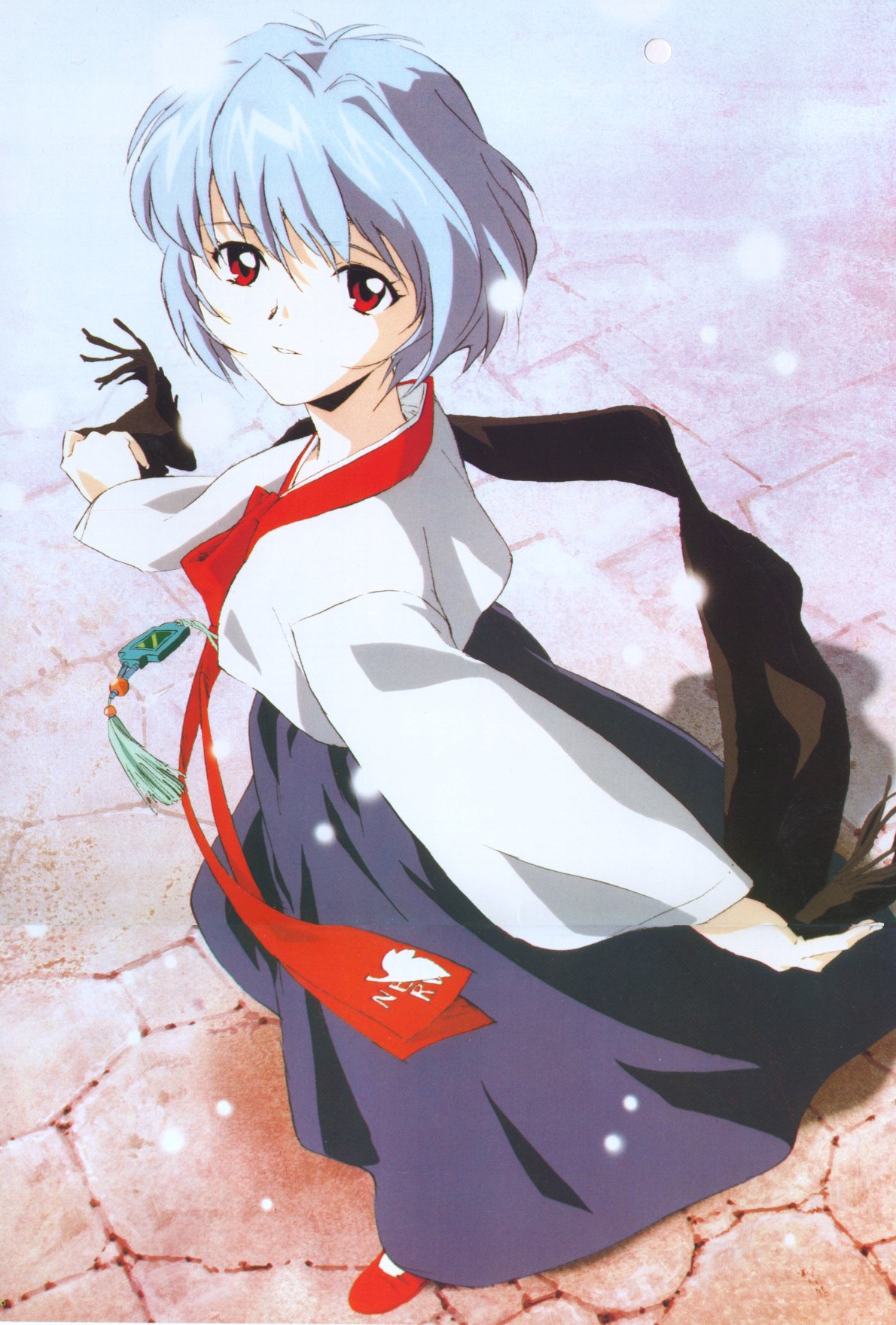 takamura kazuhiro, ayanami rei, neon genesis evangelion, highres, scan, 1girl, alternate costume, blue hair, casual, female focus, from side, full body, hair between eyes, hanbok, korean clothes, nerv, outdoors, red eyes, scarf, short hair, smile, snow, snowing, solo, standing, unworn scarf