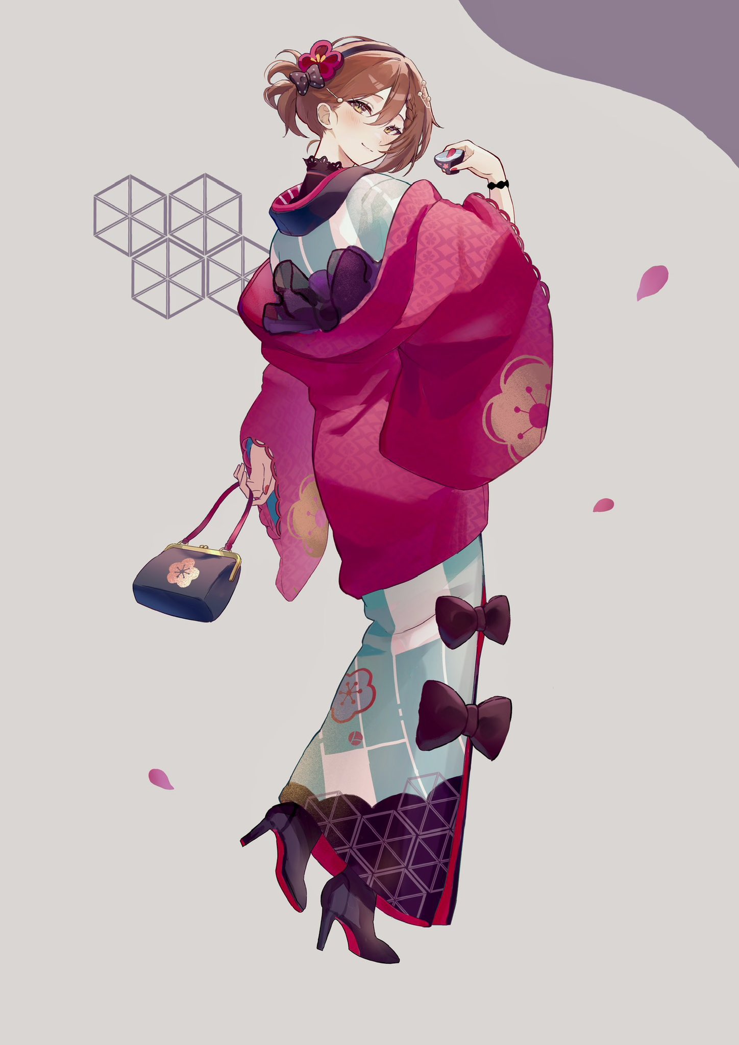 meiko (vocaloid), vocaloid, commentary request, highres, 1girl, bag, black bow, black hairband, black shoes, blush, bow, brown eyes, brown hair, closed mouth, full body, green kimono, hair ornament, hairband, hairclip, holding, holding bag, japanese clothes, kimono, looking at viewer, namio78264525, petals, print kimono, shoes, smile, solo, wide sleeves
