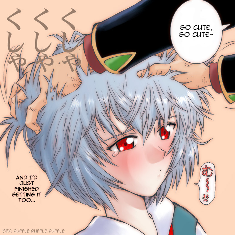 ayanami rei, ikari gendou, neon genesis evangelion, blue hair, blush, red eyes, short hair, tears
