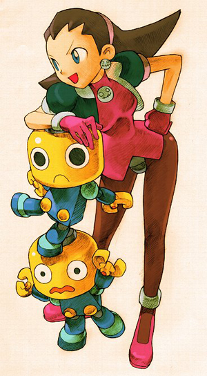 bengus, servbot (mega man), tron bonne (mega man), capcom, marvel, marvel vs. capcom, marvel vs. capcom 2, mega man (series), mega man legends (series), official art, blue eyes, brown hair, short hair