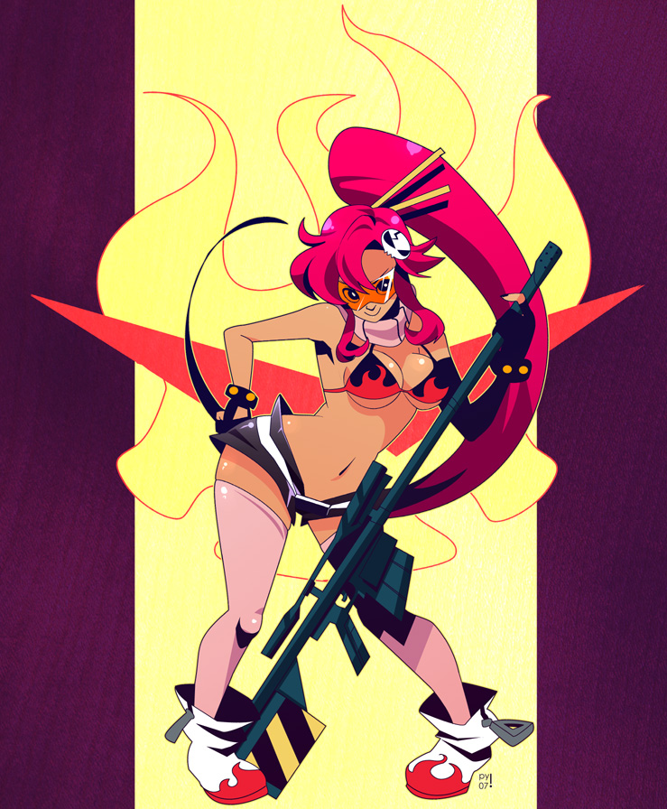 ashleigh hetrick, yoko littner, tengen toppa gurren lagann, visor, 00s, 1girl, boots, breasts, female focus, gun, hip focus, long hair, ponytail, red hair, rifle, scarf, skull, sniper rifle, solo, thighhighs, weapon