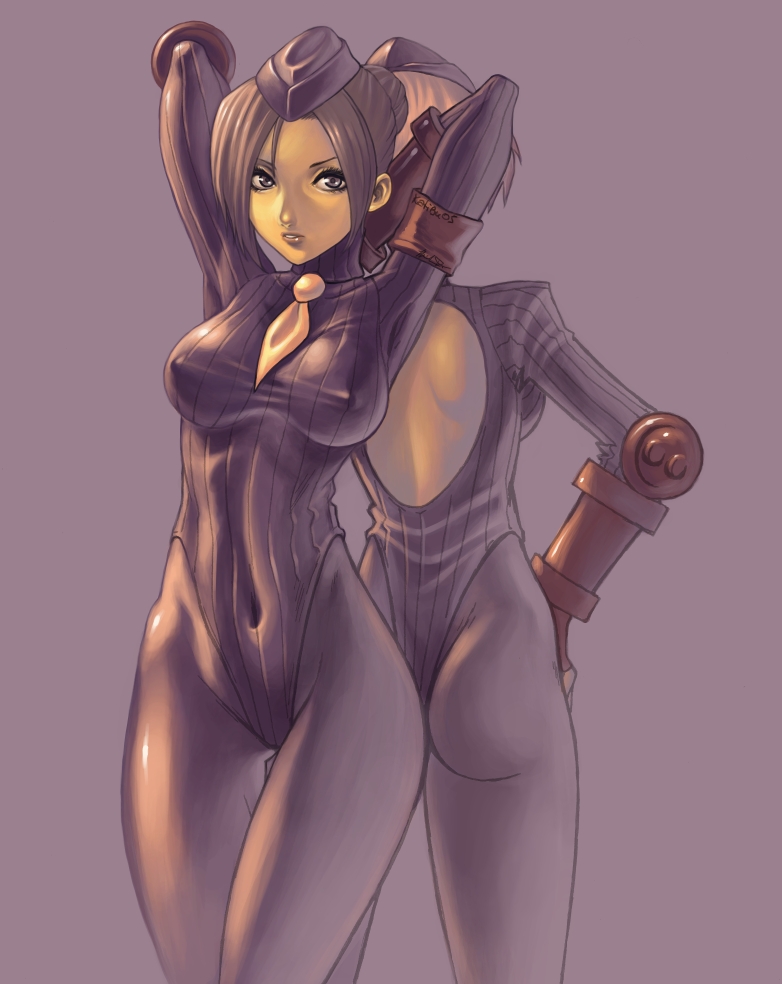kasia nie, minh do, juli (street fighter), juni (street fighter), capcom, street fighter, street fighter zero (series), artist collaboration, colorized, 1990s (style), 2girls, armband, armor, arms behind head, ass, back, back-to-back, back cutout, blonde hair, bodysuit, breasts, breasts apart, brown hair, clothing cutout, covered erect nipples, covered navel, cowboy shot, curvy, fingerless gloves, garrison cap, gloves, grey background, grey eyes, hair bun, hand on own hip, hat, highleg, highleg leotard, hip focus, katibous, large breasts, leotard, looking at viewer, multiple girls, necktie, orange hair, pantyhose, parted lips, retro artstyle, ribbed leotard, short hair, signature, simple background, single hair bun, taut clothes, thigh gap, thong, thong leotard, turtleneck, vambraces
