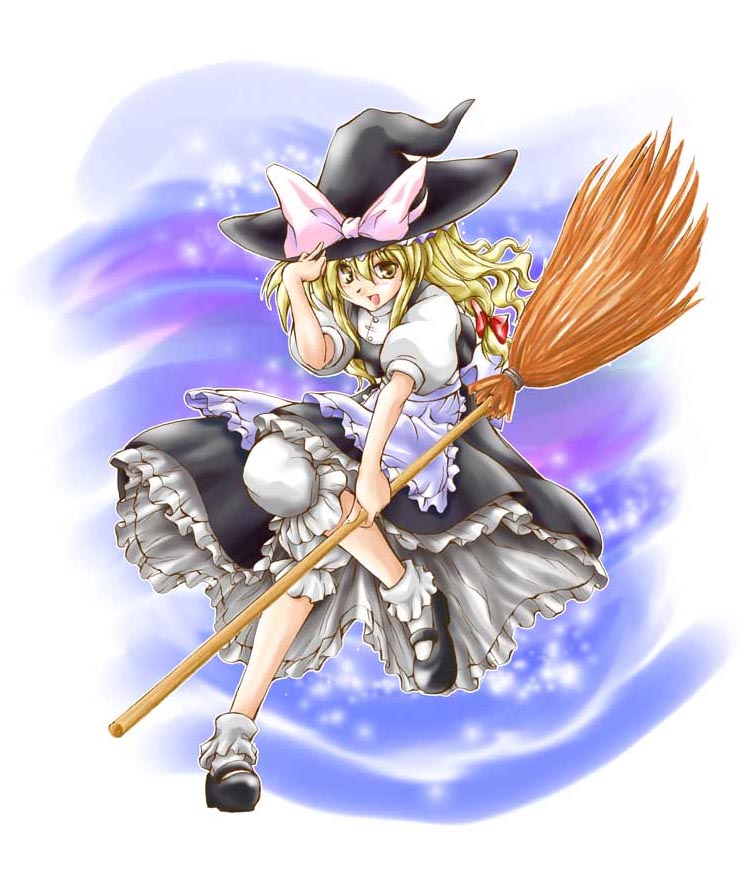 yume keikaku, yumeya honpo, kirisame marisa, touhou, 1girl, blonde hair, broom, female focus, full body, gradient background, hand on headwear, hat, solo, underwear, white background, witch, witch hat, yellow eyes