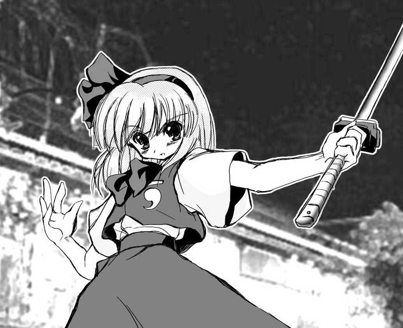 yume keikaku, yumeya honpo, konpaku youmu, touhou, 1girl, female focus, greyscale, katana, monochrome, outdoors, skirt, solo, sword, weapon