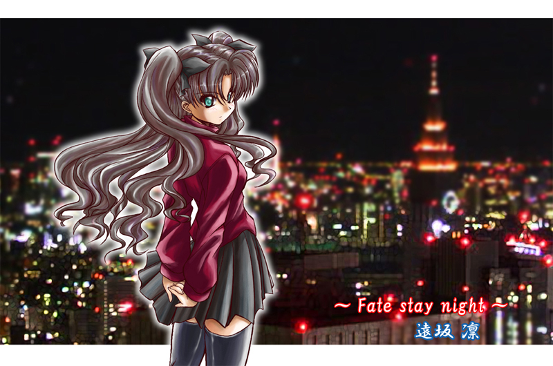 yume keikaku, yumeya honpo, tohsaka rin, fate/stay night, fate (series), 00s, 1girl, city, female focus, green eyes, long hair, night, solo, thighhighs, twintails, two side up, zettai ryouiki