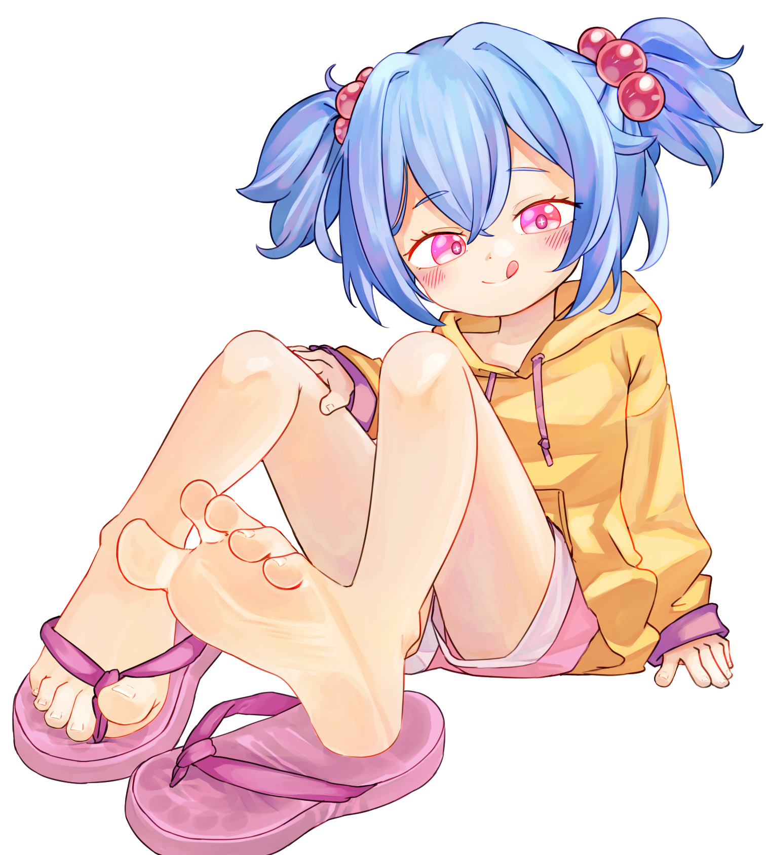 chaosexceed, original, commentary, highres, paid reward available, 1girl, barefoot, blue hair, feet, foot focus, hair bobbles, hair ornament, hood, hoodie, pink eyes, pink shorts, shorts, soles, solo, toes, tongue, tongue out, white background