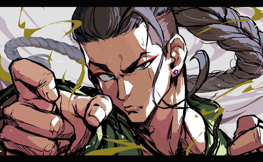 jamie siu, street fighter, street fighter 6, commentary, commentary request, 1boy, absurdly long hair, arms up, black hair, braid, closed mouth, earrings, eyeliner, fingernails, green shirt, grey eyes, jewelry, letterboxed, lips, long hair, looking at viewer, makeup, male focus, piercing, red eyeliner, shirt, single braid, solo, stud earrings, tata22tano, upper body, very long hair, white background