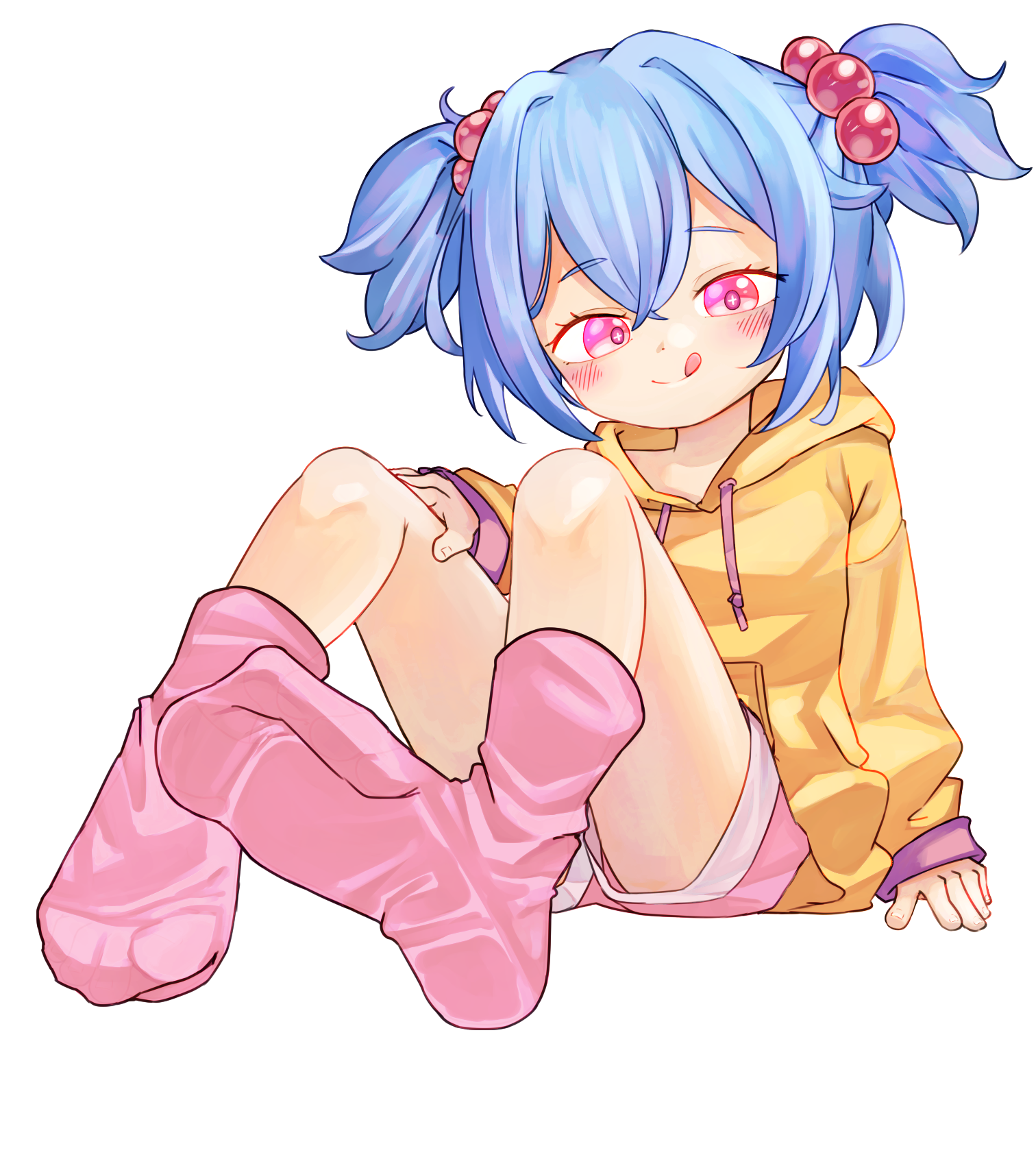 chaosexceed, original, commentary, highres, paid reward available, 1girl, blue hair, hair bobbles, hair ornament, hood, hoodie, pink eyes, pink shorts, pink socks, shorts, sitting, socks, solo, tongue, tongue out, white background