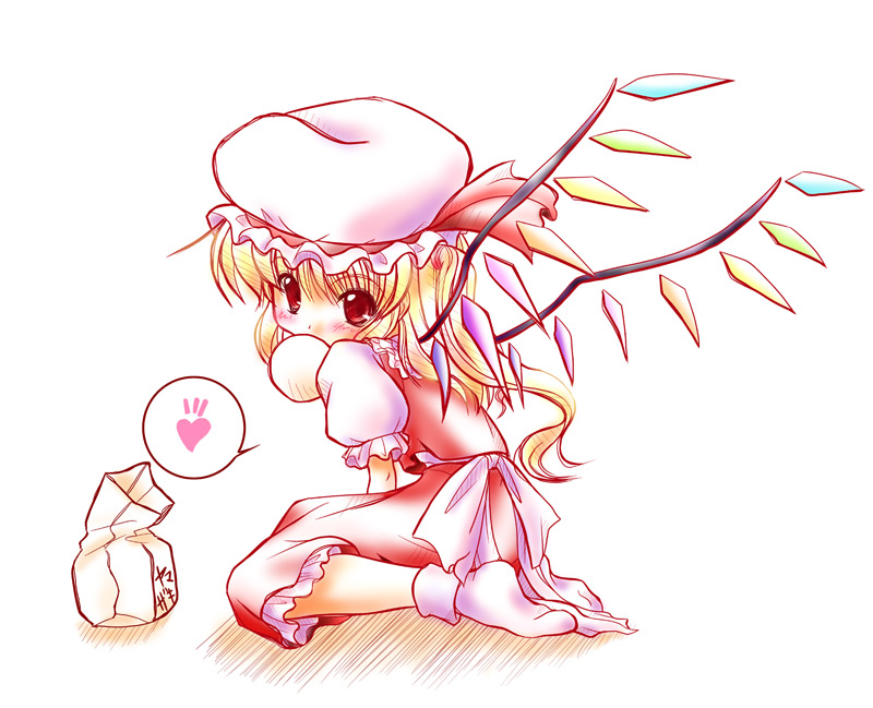 yume keikaku, yumeya honpo, flandre scarlet, touhou, 1girl, bag, blonde hair, blush, eating, female focus, food, full body, hat, hat ribbon, heart, looking at viewer, mob cap, puffy short sleeves, puffy sleeves, red eyes, red ribbon, ribbon, short sleeves, side ponytail, simple background, sitting, socks, solo, spoken heart, wariza, white background, white socks, wings