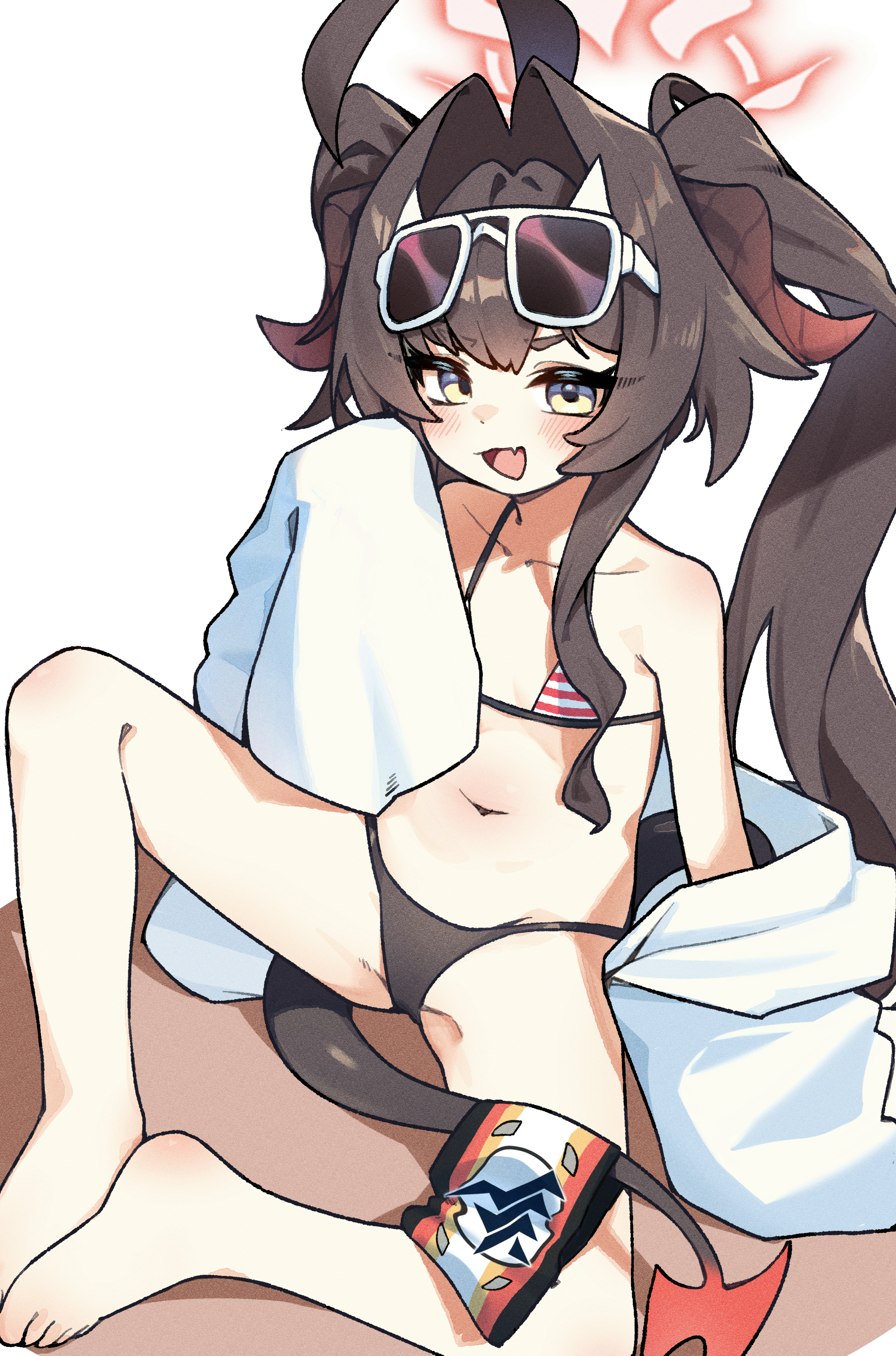 jambujok, kasumi (blue archive), kasumi (swimsuit) (blue archive), blue archive, absurdres, highres, 1girl, ahoge, barefoot, bikini, black hair, black tail, coat, demon horns, eyewear on head, fang, hair intakes, halo, horns, long hair, navel, open mouth, red halo, solo, sunglasses, swimsuit, tail, white coat