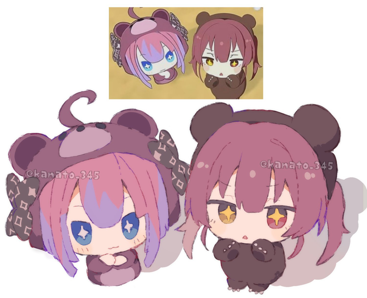 kanamochi kanato, houshou kumarine, houshou marine, kikirara vivi, hololive, hololive dev is, commentary request, highres, + +, 2girls, :3, animal costume, bear costume, blue eyes, blush stickers, chibi, chibi only, closed mouth, heterochromia, long hair, mouse costume, multicolored hair, multiple girls, open mouth, purple hair, red eyes, red hair, reference inset, triangle mouth, twitter username, two-tone hair, yellow eyes