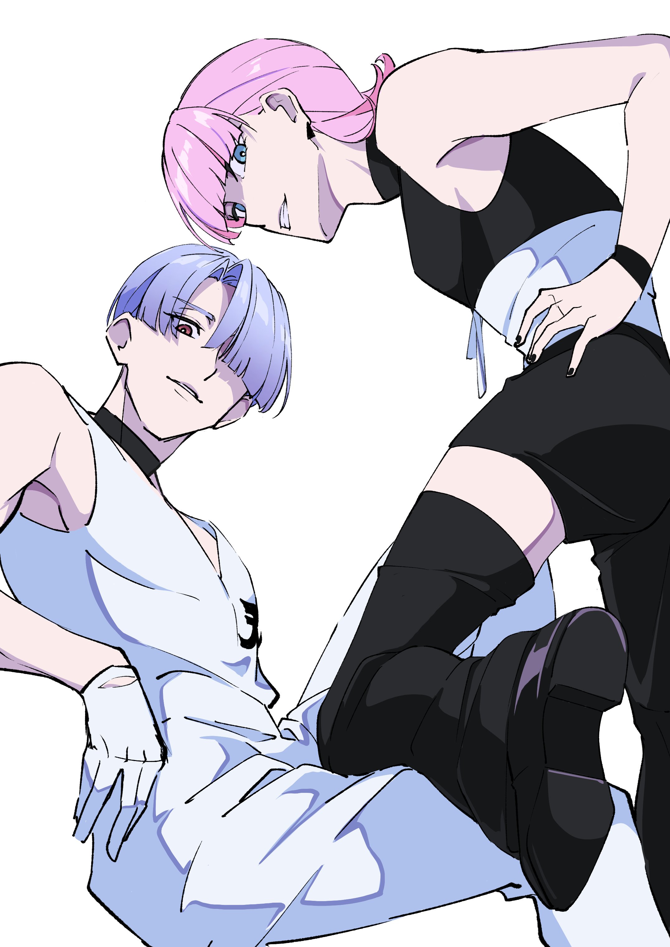 qtoro, polyester (psg), polyurethane (psg), panty & stocking with garterbelt, absurdres, commentary, hashtag-only commentary, highres, 2boys, bare shoulders, black bodysuit, black boots, black choker, blue eyes, blue hair, blunt bangs, bodysuit, boots, choker, gloves, grin, hair over one eye, hand on own hip, invisible chair, looking at viewer, male focus, multiple boys, one eye covered, parted bangs, parted lips, pink eyes, pink hair, short hair, simple background, sitting, sleeveless, smile, teeth, white background, white bodysuit, white gloves, wristband