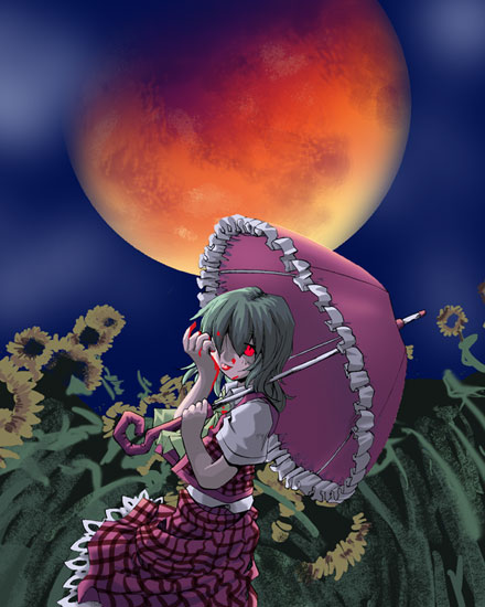 kazami yuuka, touhou, 1girl, blood, female focus, flower, glowing, glowing eyes, green hair, licking, moon, night, parasol, plaid clothes, plaid skirt, plaid vest, red eyes, red moon, short hair, skirt, skirt set, solo, sunflower, umbrella, vest