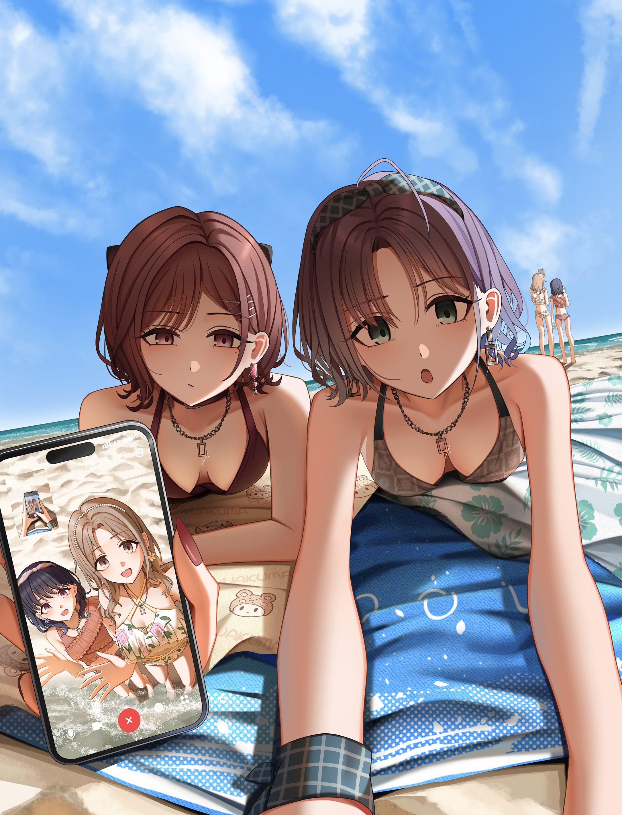 kyamcya, asakura toru, fukumaru koito, higuchi madoka, ichikawa hinana, idolmaster, idolmaster shiny colors, absurdres, highres, 4girls, beach, bikini, blush, breasts, brown hair, cellphone, cellphone photo, collarbone, earrings, fingernails, holding, holding phone, jewelry, looking at viewer, lying, mat, medium breasts, mole, mole under eye, multiple girls, nail polish, necklace, on stomach, outdoors, phone, purple hair, sand, smartphone, swimsuit, video call