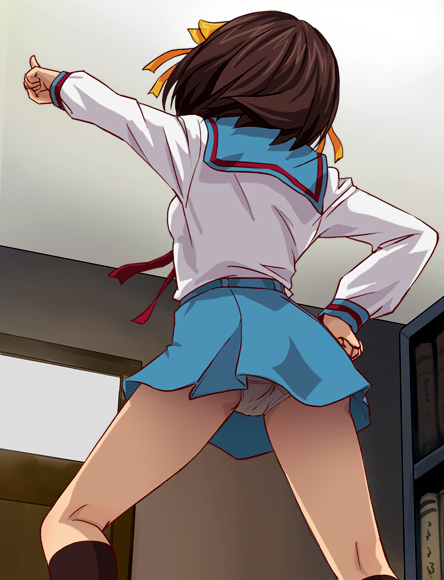 haruyama kazunori, suzumiya haruhi, suzumiya haruhi no yuuutsu, 00s, 1girl, ass, breasts, female focus, from behind, medium hair, panties, pantyshot, pointing, school uniform, serafuku, skirt, small breasts, solo, standing, trefoil, underwear, upskirt, white panties