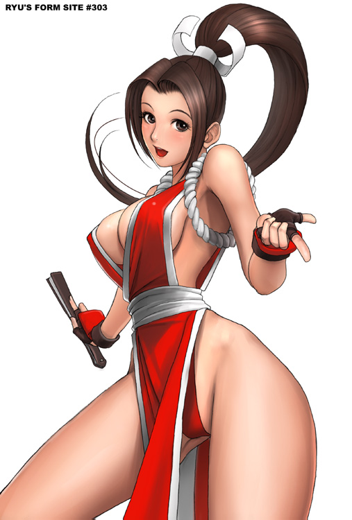 ryu (ryu's form site), shiranui mai, fatal fury, snk, the king of fighters, 1girl, breasts, brown eyes, brown hair, cleavage, female focus, folded fan, folding fan, gloves, hand fan, long hair, pelvic curtain, ponytail, revealing clothes, solo