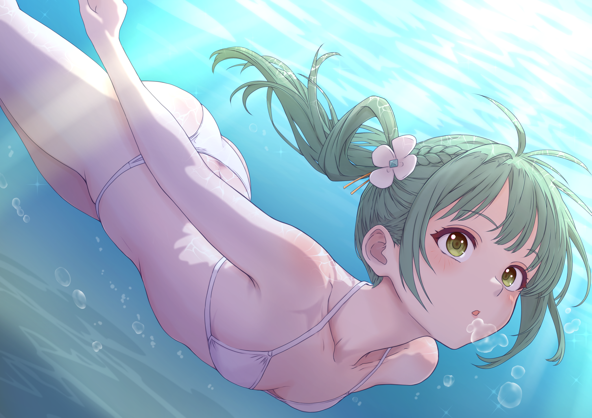 mikan mizu, indie virtual youtuber, highres, air bubble, ass, bare shoulders, bikini, blowing bubbles, blush, braid, breasts, bubble, collarbone, dutch angle, feet out of frame, green eyes, green hair, halterneck, kohanai hina, looking ahead, medium breasts, open mouth, side ponytail, solo, string bikini, swimming, swimsuit, underwater, virtual youtuber, white bikini